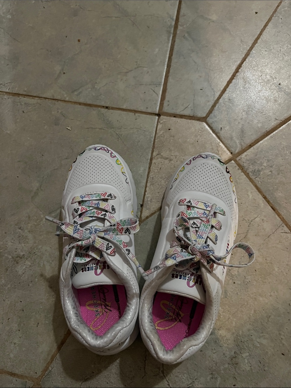 Kids White Sneakers with Multicolor Heart Accents